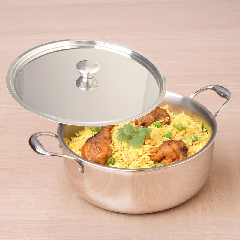 Premium Quality Tri-ply Stainless Steel Short Biryani Pot/Casserole/Stock Pot with Steel Lid 2.5L / 4.0L / 6.5L, 100% Toxin-free, Wide Base, 3 Layer Thick Body, Non-stick, Induction & Gas