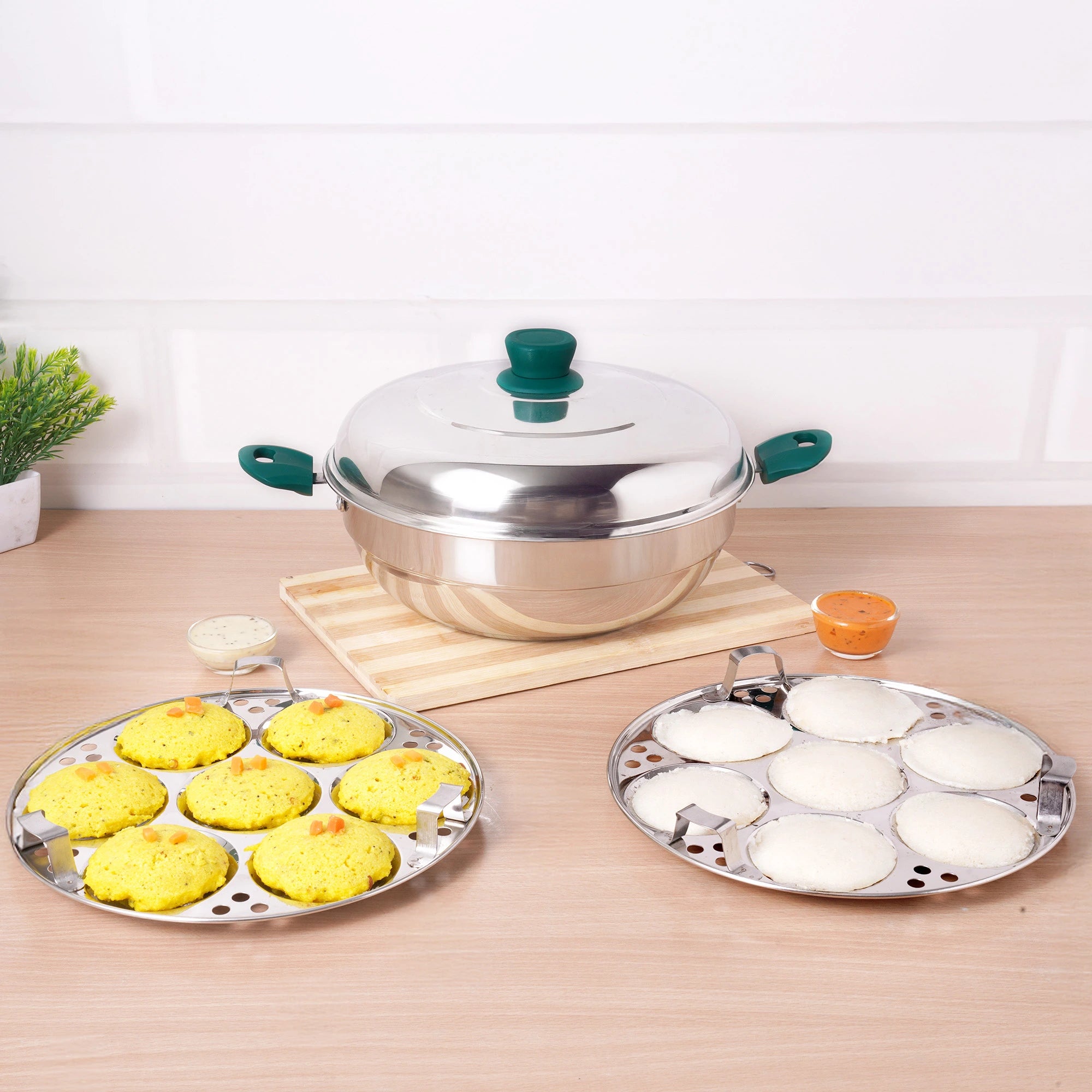 14 Pit Tri-Steel Multi Pot Premium Stainless Steel 27cm Idli/ Momo Maker/ Veg Steaming Set, Tri-ply Induction Bottom, 2 Plates