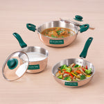 Premium Stainless Steel Impact Bonded Cookware Set: Kadai with Glass Lid(22cm)+Saucepan(16cm)+ Frypan(22cm)with Glass Lid, Premium Quality, Tri-ply (3 Layer) Bottom, Soft-touch Handles, 100% Toxin-free, Non-stick, Induction & Gas