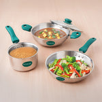 Premium Tri-ply Cookware Set: Kadai with Glass Lid(20cm)+Saucepan(14cm)+ Frypan(18cm)with Glass Lid, Tri-ply (3 Layer) Bottom, Induction & Gas