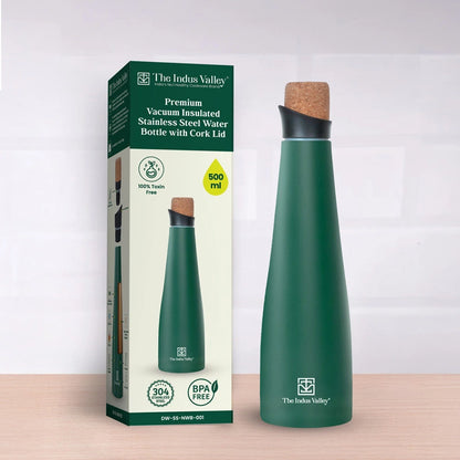 Stainless steel Vacuum insulated water bottle with cork lid – Double Wall, Vacuum insulated, Hot & Cold 500ml
