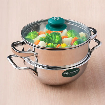 Triply Stainless Steel Deep Kadai & Steamer with Glass Lid -20cm Premium Quality, 3 Layer Thick Body, 100% Toxin-free, Non-stick, Induction & Gas