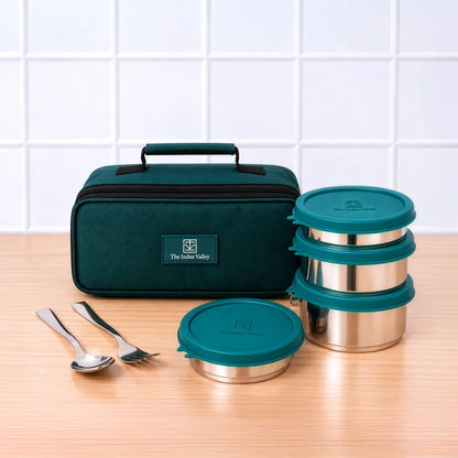 304 Stainless Steel Leakproof Lunch Box Set of 4 with Fork & Spoon | 220ml × 2, 450ml × 2