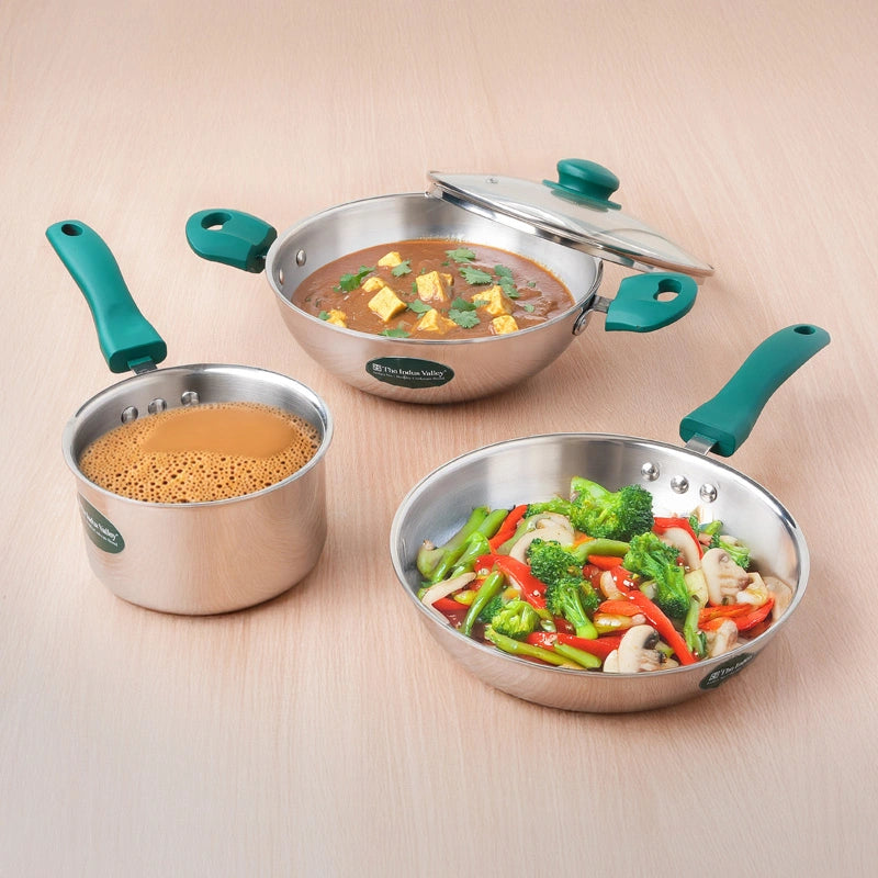 Premium Tri-ply Cookware Set: Kadai with Glass Lid(20cm)+Saucepan(14cm)+ Frypan(18cm)with Glass Lid, Tri-ply (3 Layer) Bottom, Induction & Gas