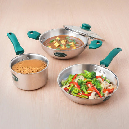 Premium Tri-ply Cookware Set: Kadai with Glass Lid(20cm)+Saucepan(14cm)+ Frypan(18cm)with Glass Lid, Tri-ply (3 Layer) Bottom, Induction & Gas