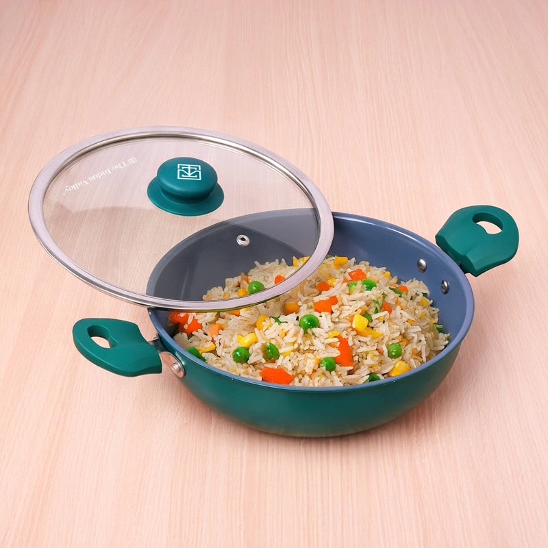 Tri-ply Ceramic  Kadai with Glass Lid -24cm, Ceramic Coating, 100% Toxin-Free, PFOA & PFAS Free, Non-Stick, Induction & Gas Compatible