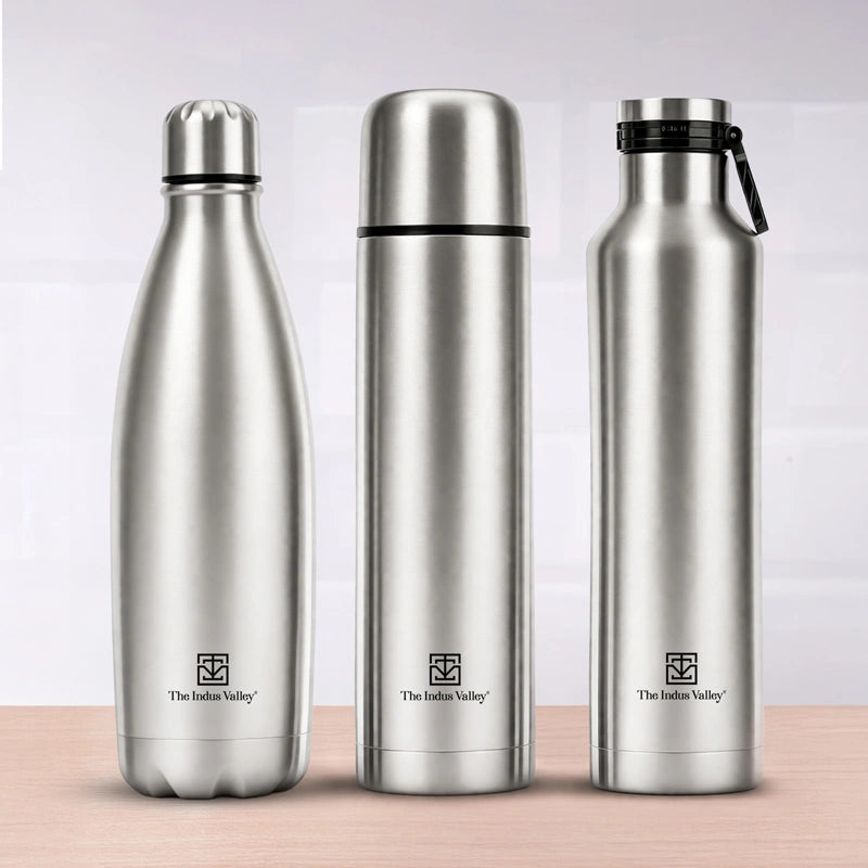 Stainless Steel Vacuum Insulated Bottle Combo 1L + 1L + 750 ml - Set of 3 – Leak Proof, Double Wall, Hot & Cold
