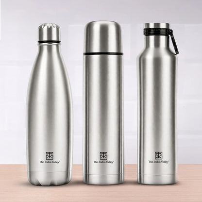 Stainless Steel Vacuum Insulated Bottle Combo 1L + 1L + 750 ml - Set of 3 – Leak Proof, Double Wall, Hot & Cold