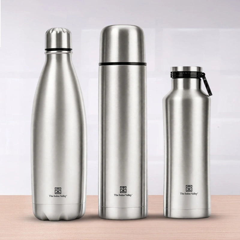 Stainless Steel Vacuum Insulated Bottle Combo 1L + 1L + 500 ml - Set of 3 – Leak Proof, Double Wall, Hot & Cold