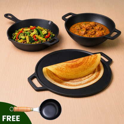 Super Smooth Cast Iron Cookware Set: (30cm)Tawa+ (26cm)Kadai+ (24.8cm)Fry Pan, Kitchen Set for Home, Pre-seasoned, 100% Pure, Toxin-free, Free ₹400 Tadka Pan
