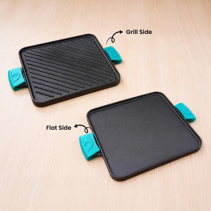CASTrong Cast Iron Square Griddle / Grill Pan 10.5 Inch with Silicone Grip, Pre-seasoned, 100% Pure, Toxin-free, Induction Compatible