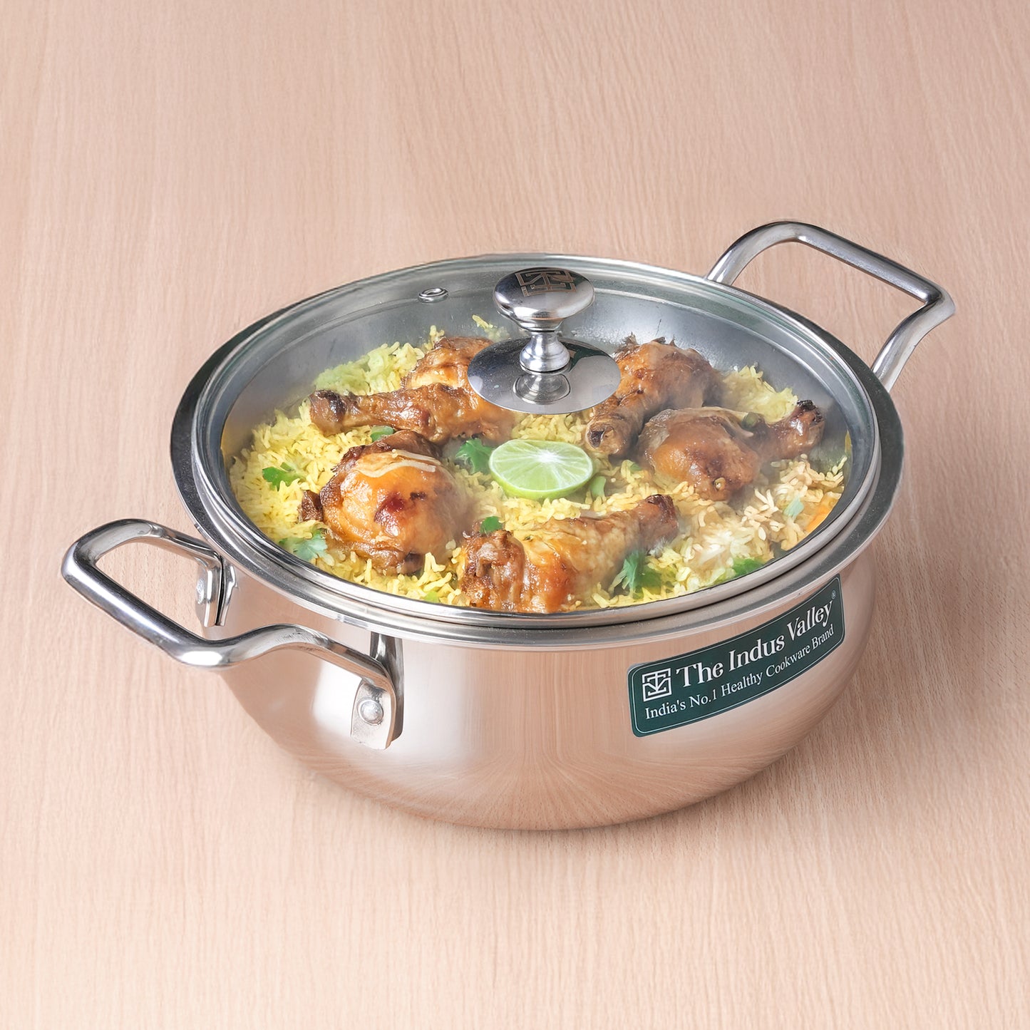 TurboCuk Tri-ply Biryani Cooking Pot/Casserole+ Glass Lid 2L, Wide Handi Shape, Premium Quality, 3 Layer Thick Body, 100% Toxin-free, Non-stick, Induction & Gas