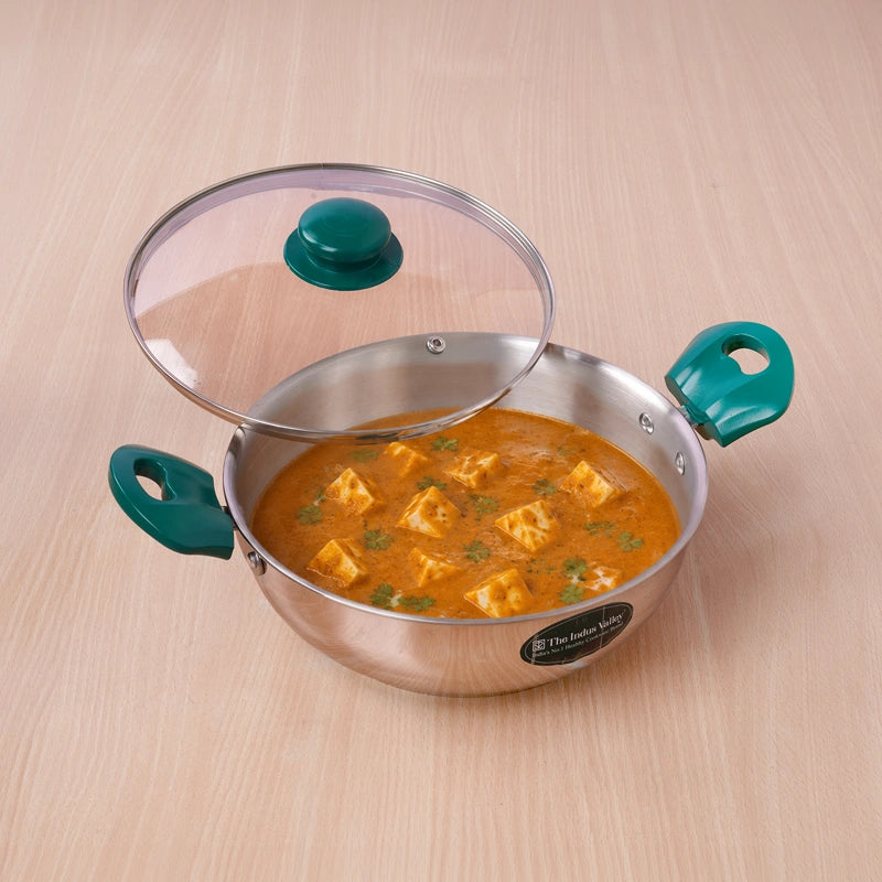 Premium Stainless Steel Impact Bonded Kadai with Glass Lid | 3-Layer Bottom | Induction & Gas Compatible | 22cm / 24cm / 26cm