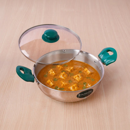 Premium Stainless Steel Impact Bonded Kadai with Glass Lid | 3-Layer Bottom | Induction & Gas Compatible | 22cm / 24cm / 26cm