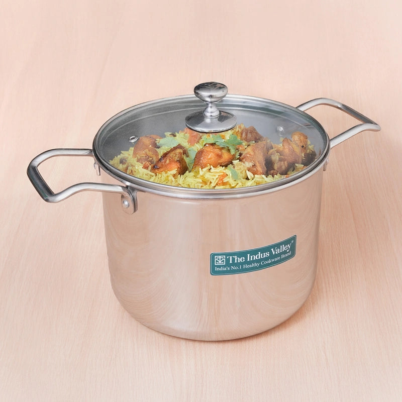 6L TurboCuk Tri-ply Stainless Steel Tall Biryani Pot/Casserole+ Glass Lid, Premium Quality, 3 Layer Thick Body, 100% Toxin-free, Non-stick, Induction & Gas
