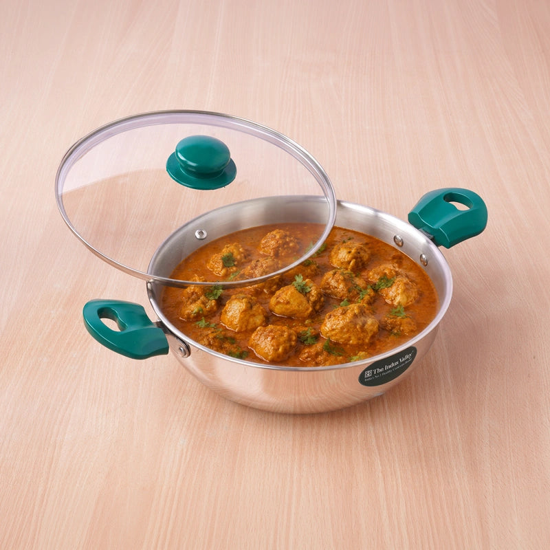 Premium Stainless Steel Impact Bonded Kadai with Glass Lid | 3-Layer Bottom | Induction & Gas Compatible | 22cm / 24cm / 26cm