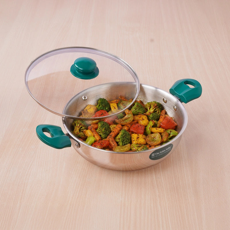 Premium Stainless Steel Impact Bonded Kadai with Glass Lid | 3-Layer Bottom | Induction & Gas Compatible | 22cm / 24cm / 26cm