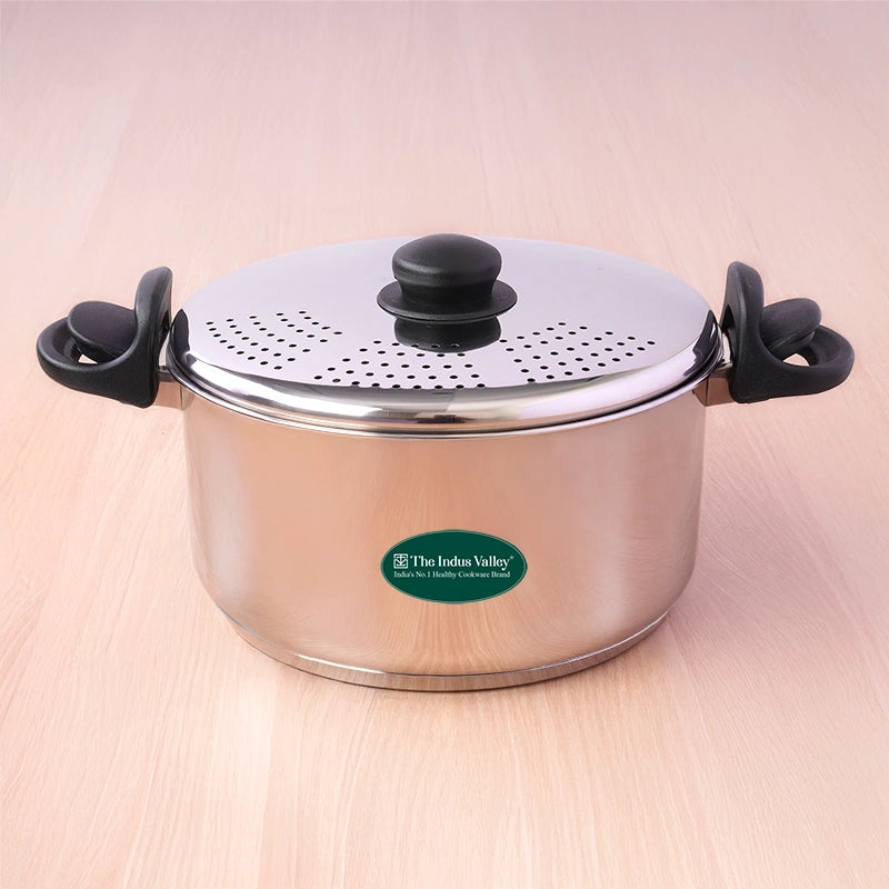Premium Stainless Steel Rice Pot with Strainer Lid & Lock free Bakelite Handles 2.5/3.5L/5L, Tri-ply 3-Layer Heavy Bottom | Noodle/Pasta/Corn/Soya/Veggies Boiler Pot, Steamer Cooker, Induction & Gas