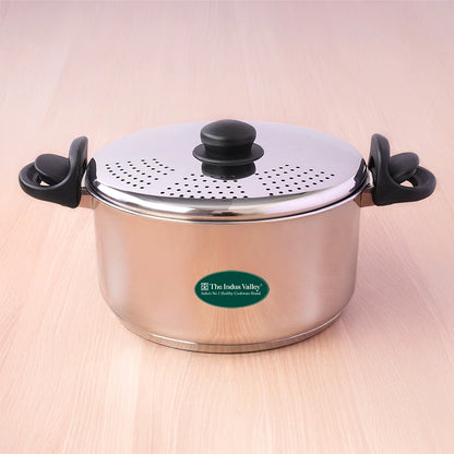 Premium Stainless Steel Rice Pot with Strainer Lid & Lock free Bakelite Handles 2.5/3.5L/5L, Tri-ply 3-Layer Heavy Bottom | Noodle/Pasta/Corn/Soya/Veggies Boiler Pot, Steamer Cooker, Induction & Gas