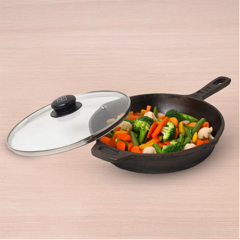 Super Smooth Cast Iron Fry Pan with Glass Lid 1.3/1.7L, 100% Pure, Toxin-free, Pre-seasoned, Induction, Naturally Nonstick