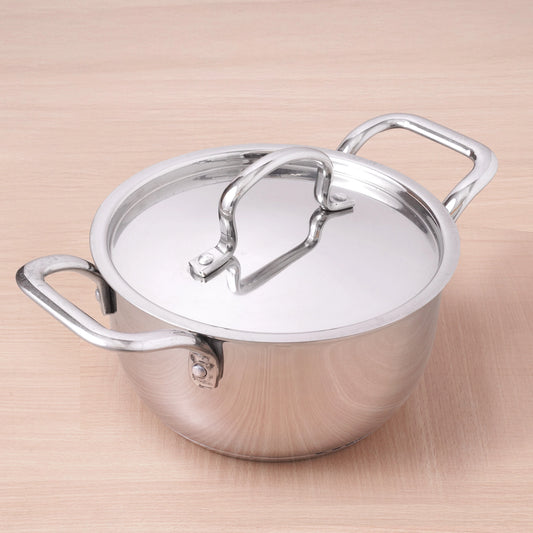 Tri-ply Stainless Steel Biryani Pot/ Casserole/ Sauce Pot with Steel Lid, Premium Quality, 3 Layer Thick Body and 5-ply Bottom, 100% Toxin-free, Non-stick, Induction & Gas, 2.3L/18cm