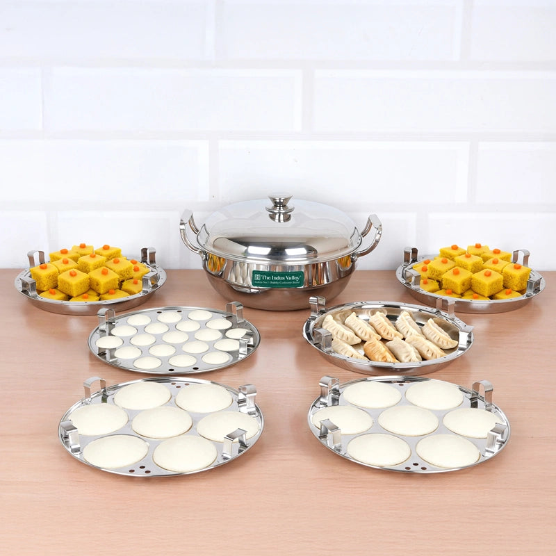 14 Pit Premium Tri-ply Stainless Steel multipot with 1 mini idli plate, Idli/ Momo Maker/ Veg Steaming Set, Tri-ply Induction and gas friendly, 6 Plates
