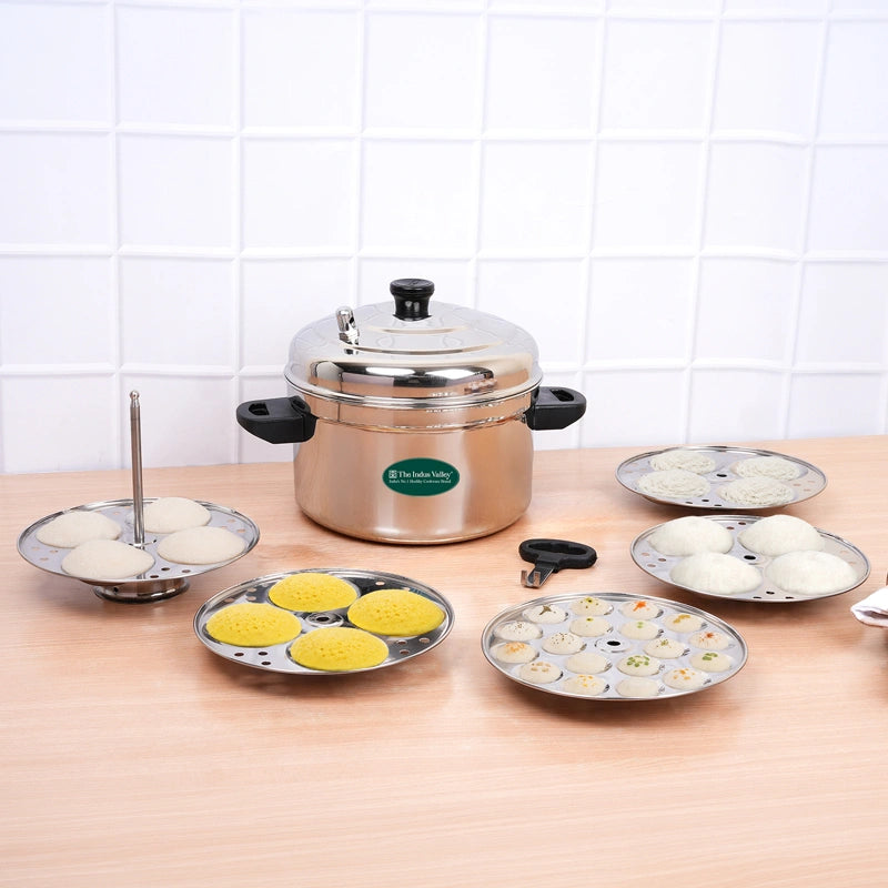 Premium Stainless Steel idlipot Regular and Mini idli plates Idli/ Momo Maker/ Veg Steaming Set, Induction & Gas compatible