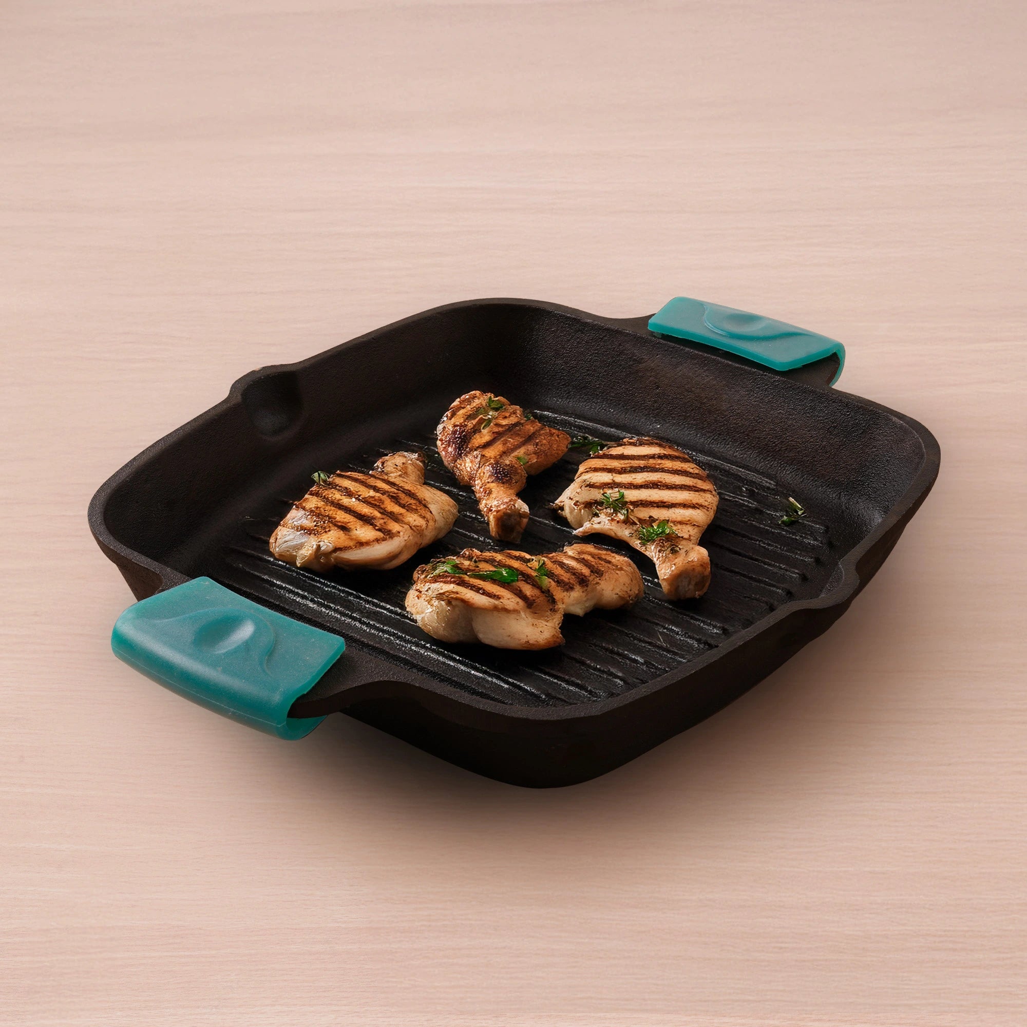 CASTrong Cast Iron Double Handle Grill Pan 26.5 cm with Silicon Handle, Pre-seasoned, Naturally Nonstick, 100% Pure, Toxin-free Grill Pan for Kitchen Use 2 kg