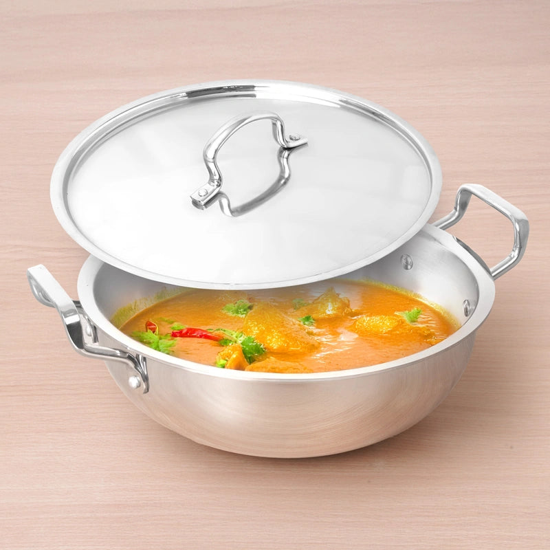 Tri-ply Stainless Steel Deep Kadai with Steel Lid 20cm/22cm/24cm/26cm/28cm, Premium Quality, 3 Layer Thick Body, 100% Toxin-free, Non-stick, Induction & Gas