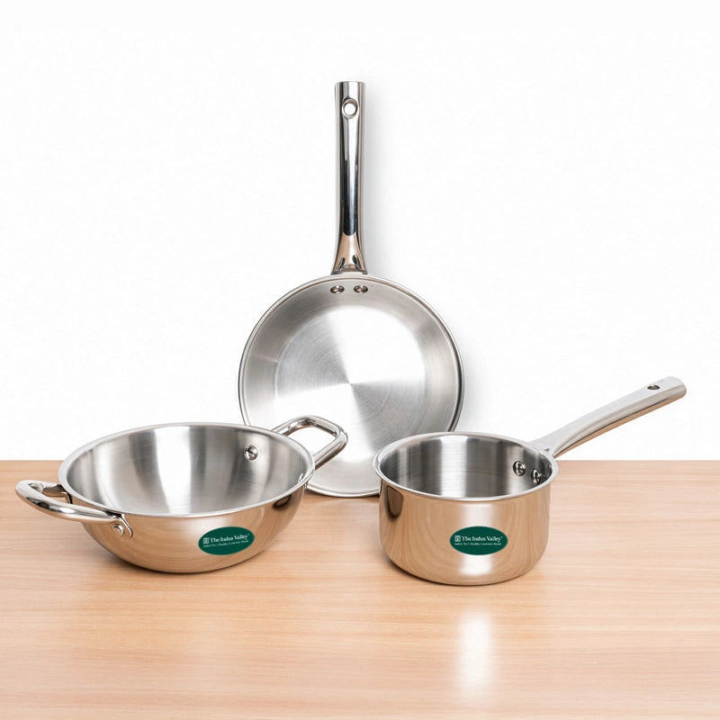 Tri-ply Stainless Steel Cookware Set: 20cm Kadai + 20cm Fry Pan + 14cm Sauce pan, Premium Quality, 3 Layer Thick Body, 100% Toxin-free, Non-stick, Induction & Gas