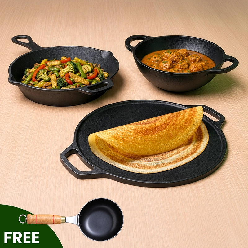 Cast Iron Cookware Set: (30cm)Tawa+ (25.4cm)Kadai+ (22.9cm)Fry Pan, Kitchen Set for Home, Pre-seasoned, 100% Pure, Toxin-free, Free ₹400 Tadka Pan