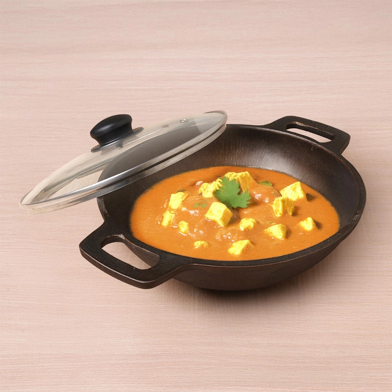 CASTrong Cast Iron Kadai (Wok) 2.5L+ Glass Lid, Pre-seasoned, Naturally Nonstick, 100% Pure,Toxin-free