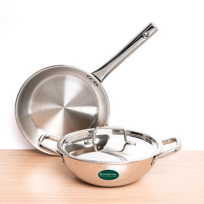 Tri-ply Stainless Steel Cookware Set: Kadai with SS lid -22cm + Frypan - 22cm, Premium Quality, 3 Layer Thick Body, 100% Toxin-free, Non-stick, Induction & Gas