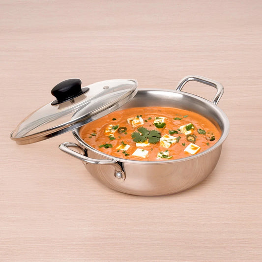 TurboCuk Tri-ply Stainless Steel Deep Fry Pan+ Glass Lid, Premium Quality, 3 Layer Thick Body, 100% Toxin-free, Non-stick, Induction & Gas, 20.3cm, 1.5 L, 1.38kg