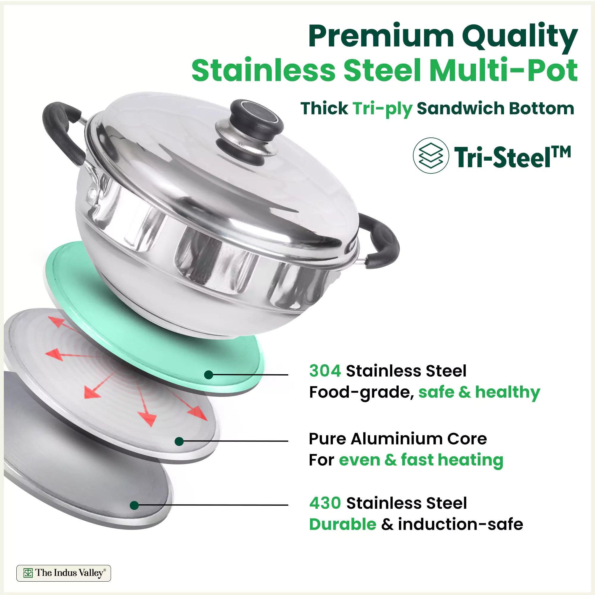 8 Pit Tri-Steel Multi Pot 3L Premium Stainless Steel Idli/ Dhokla/ Momo Maker/ Veg Steaming Set, Tri-ply Induction Bottom, 5 Plates