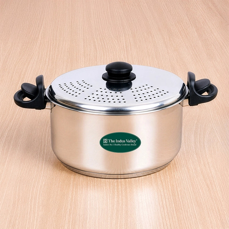 Premium Stainless Steel Rice Pot with Strainer Lid & Lock free Bakelite Handles 2.5/3.5L/5L, Tri-ply 3-Layer Heavy Bottom | Noodle/Pasta/Corn/Soya/Veggies Boiler Pot, Steamer Cooker, Induction & Gas