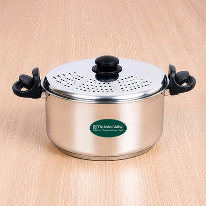 Premium Stainless Steel Rice Pot with Strainer Lid & Lock free Bakelite Handles 2.5/3.5L/5L, Tri-ply 3-Layer Heavy Bottom | Noodle/Pasta/Corn/Soya/Veggies Boiler Pot, Steamer Cooker, Induction & Gas