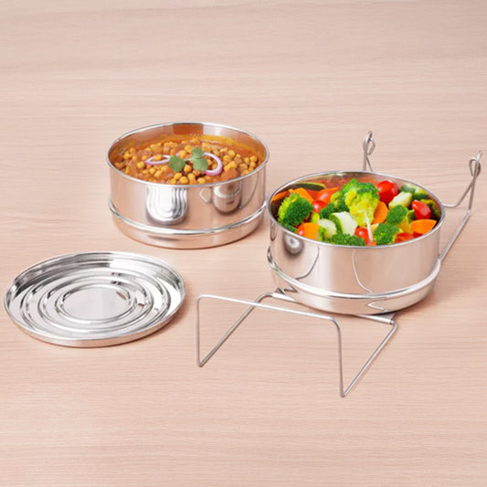 Stainless Steel Pressure Cooker Separator 2-tier Compatible with 3 Litres , Premium Quality, 100% Safe, 2 Containers With Lifter Stand, Stainless Steel