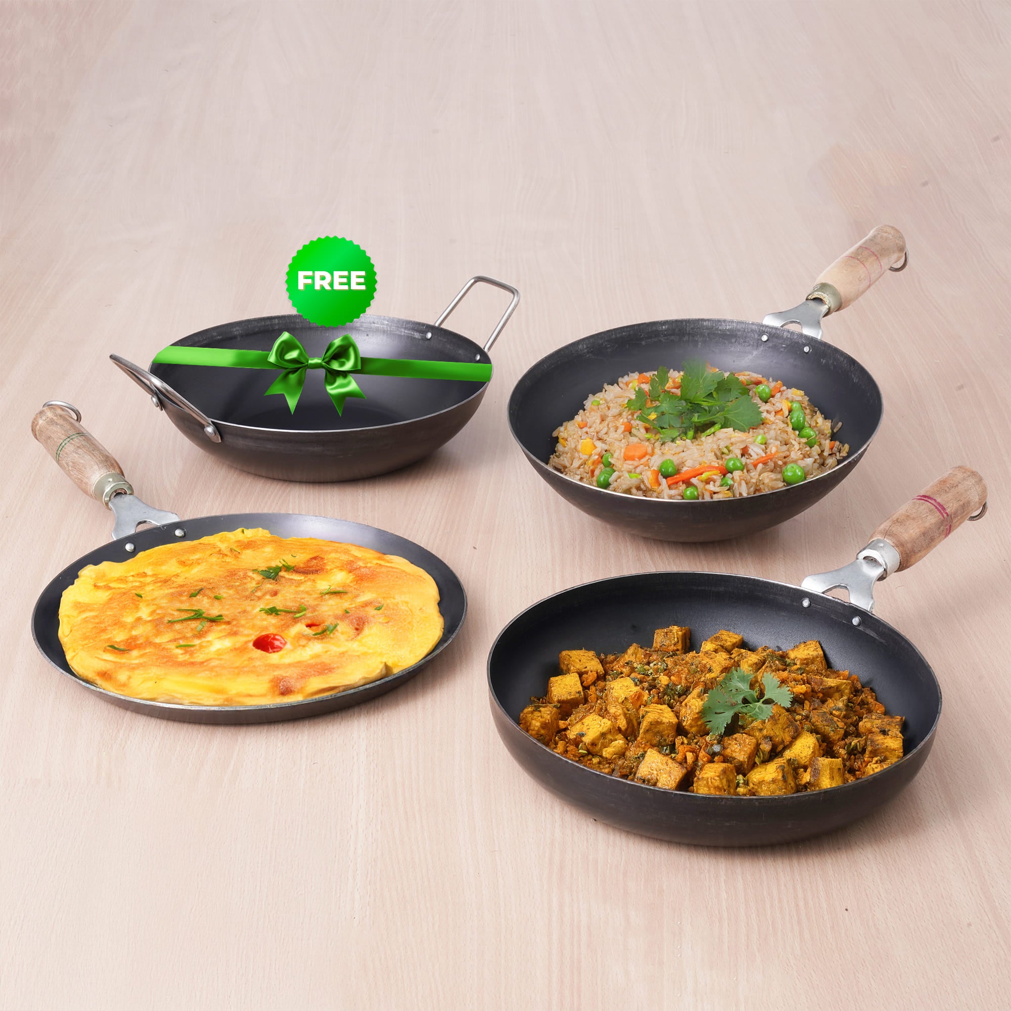 100% Pure Iron Cookware Set: (26.3cm)Tawa+ (25.4cm)Fry Pan+(25.4cm) Wok, Toxin-free Sheet Iron, Pre-seasoned, Induction & Gas, Kitchen Set for Home, Free ₹799 Kadai