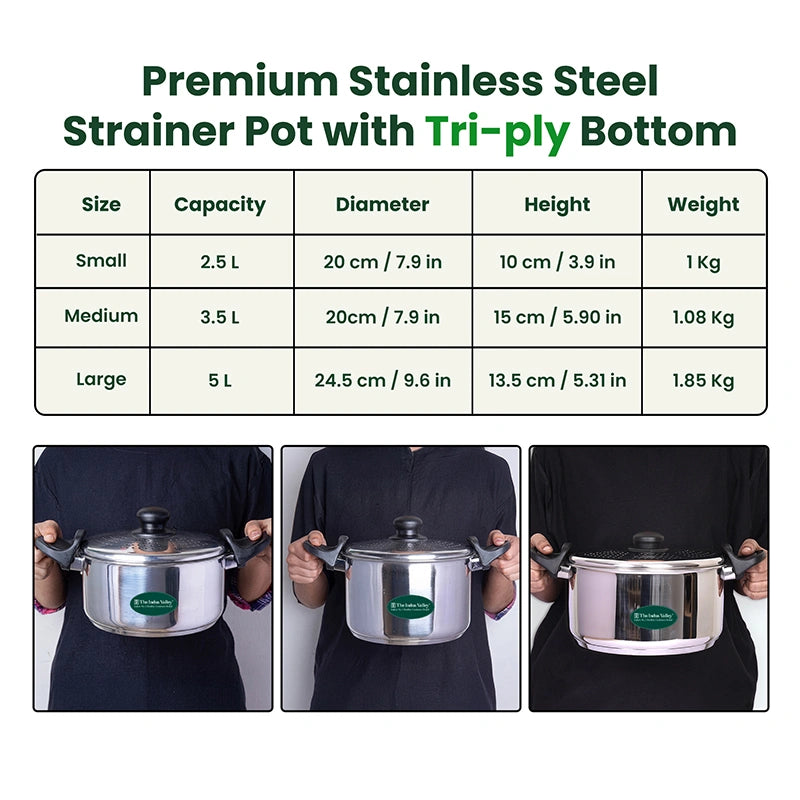 Premium Stainless Steel Rice Pot with Strainer Lid & Lock free Bakelite Handles 2.5/3.5L/5L, Tri-ply 3-Layer Heavy Bottom | Noodle/Pasta/Corn/Soya/Veggies Boiler Pot, Steamer Cooker, Induction & Gas