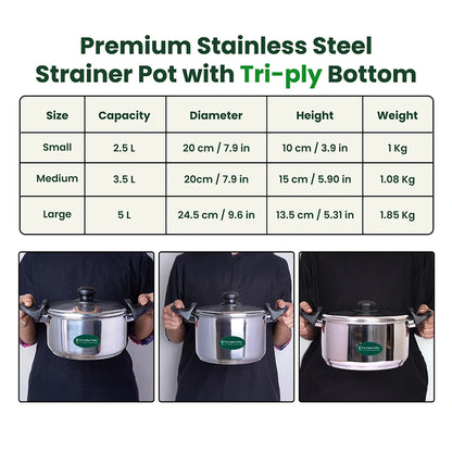 Premium Stainless Steel Rice Pot with Strainer Lid & Lock free Bakelite Handles 2.5/3.5L/5L, Tri-ply 3-Layer Heavy Bottom | Noodle/Pasta/Corn/Soya/Veggies Boiler Pot, Steamer Cooker, Induction & Gas