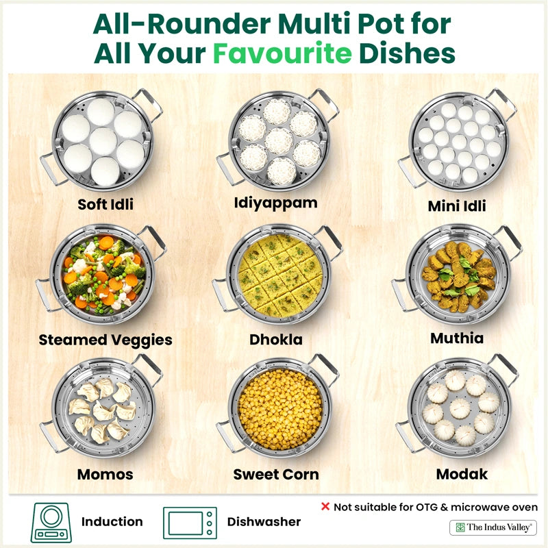 14 Pit Premium Tri-ply Stainless Steel multipot with 1 mini idli plate, Idli/ Momo Maker/ Veg Steaming Set, Tri-ply Induction and gas friendly, 6 Plates