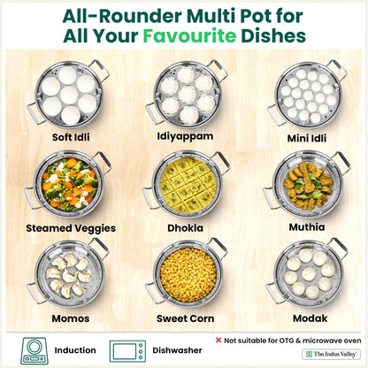 14 Pit Premium Tri-ply Stainless Steel multipot with 1 mini idli plate, Idli/ Momo Maker/ Veg Steaming Set, Tri-ply Induction and gas friendly, 6 Plates