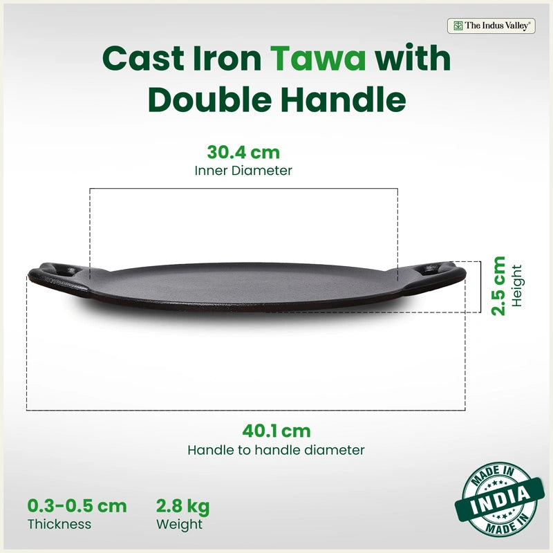 Cast iron Double handle Tawa 30.4cm, Pre-seasoned, Naturally Nonstick, 100% Pure, Toxin-free, Gas & Induction