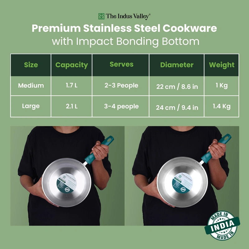 Premium Stainless Steel Impact Bonded Fry Pan | 3-Layer Bottom | Induction & Gas Compatible | 22cm / 24cm