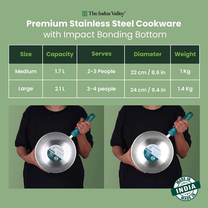 Premium Stainless Steel Impact Bonded Fry Pan | 3-Layer Bottom | Induction & Gas Compatible | 22cm / 24cm