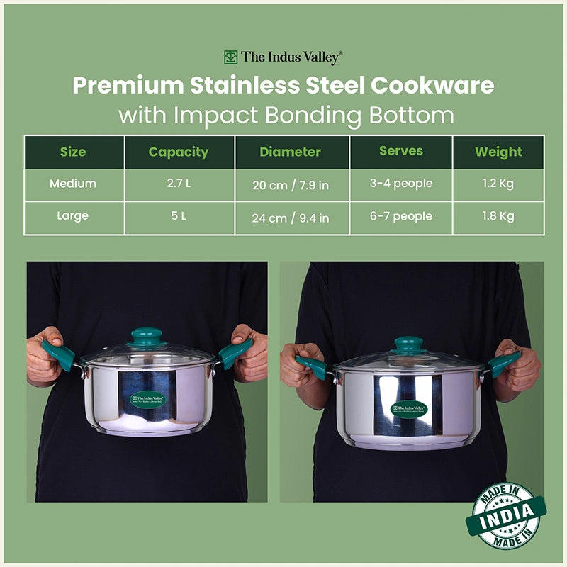 Premium Stainless Steel Impact Bonded Casserole with Glass Lid | 3-Layer Bottom | Induction & Gas Compatible | 20cm / 24cm