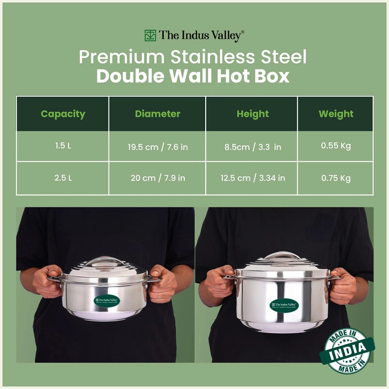Premium Stainless Steel Insulated Hot Box/Casserole – Double Wall, Keeps Food Hot & Fresh 1.5L/2.5L