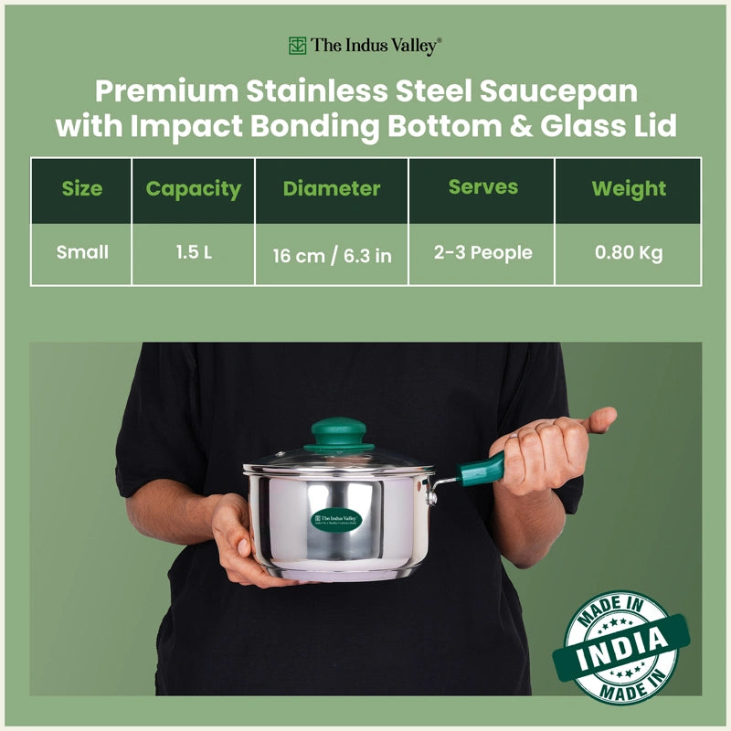 Premium Stainless Steel Saucepan | Impact Bonded 3-Layer Bottom | Induction & Gas Compatible 16cm