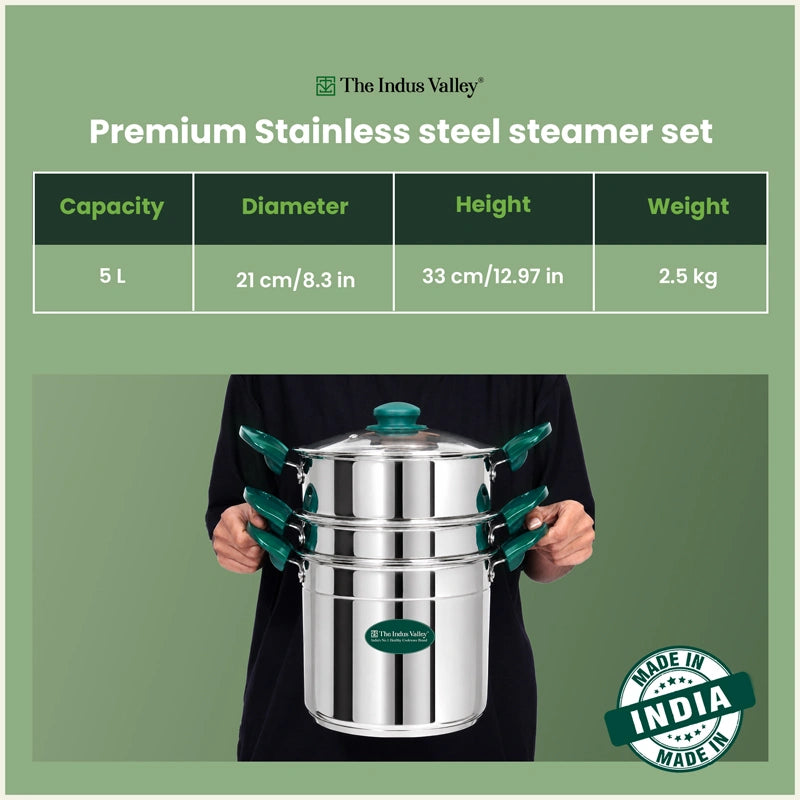 5L Premium Stainless Steel Multi-Purpose Steamer Pot Set for Idli, Momos, Dhokla, Vegetables & Steam Cooking